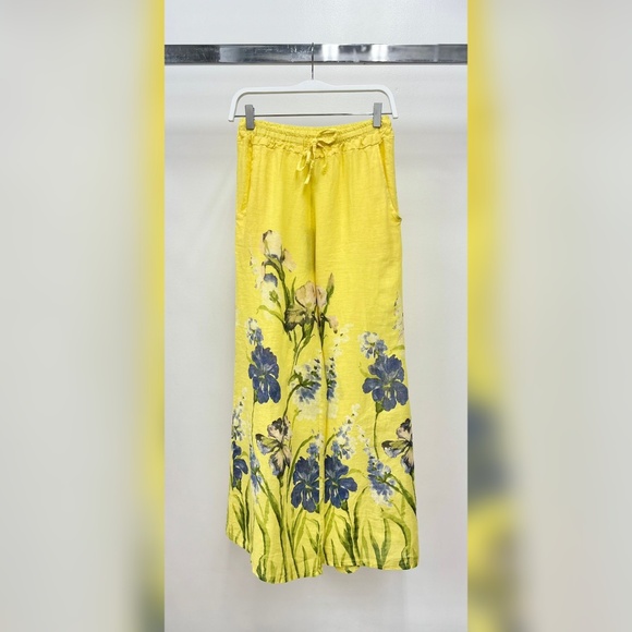 (12-03-BLO-YELL) BLOSSOM BREEZE PRINT DRAWSTRING LINEN PANTS